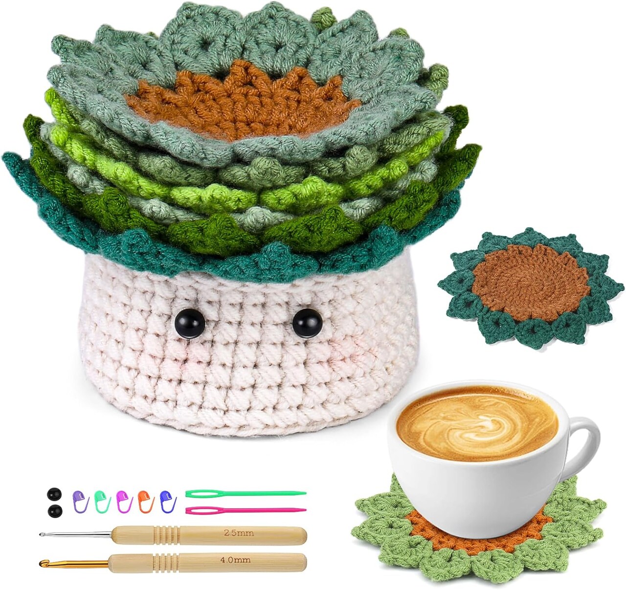6PCS Coasters Crochet Starter Kit Plant Pot (6PCS Coasters) 5.6 x 5.6 x 4 inches